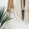 towels hanging on a wall near a plant